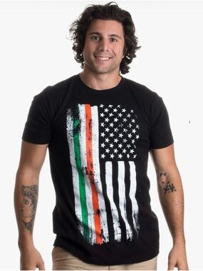 Black Short-Sleeve Graphic Tee with Green and Orange Stripe Flag